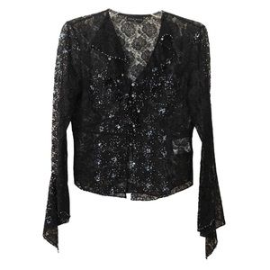 Karen Millen Black Lace, Sequin & Charms Long Sleeve Blouse Size 12 UK, US M